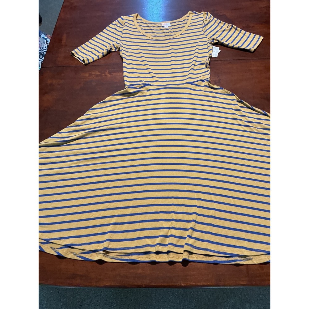 LuLaRoe Nicole Dress Medium Mustard Yellow Navy Blue Striped Fit Flare NWT